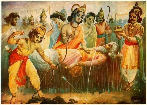 Bhishma on a bed of arrows in Kurushektra