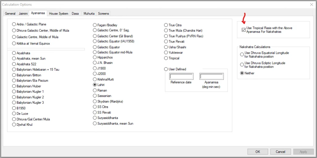Kala settings for tropical zodiac with sidereal nakshatras. The software provides the choice of commonly used ayanamsas.